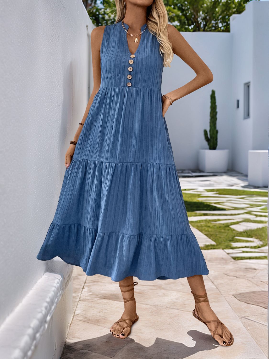 Decorative Dusty Blue Button Notched Sleeveless Dress Elegant & Feminine Style Long Dress For Women by Stevvex