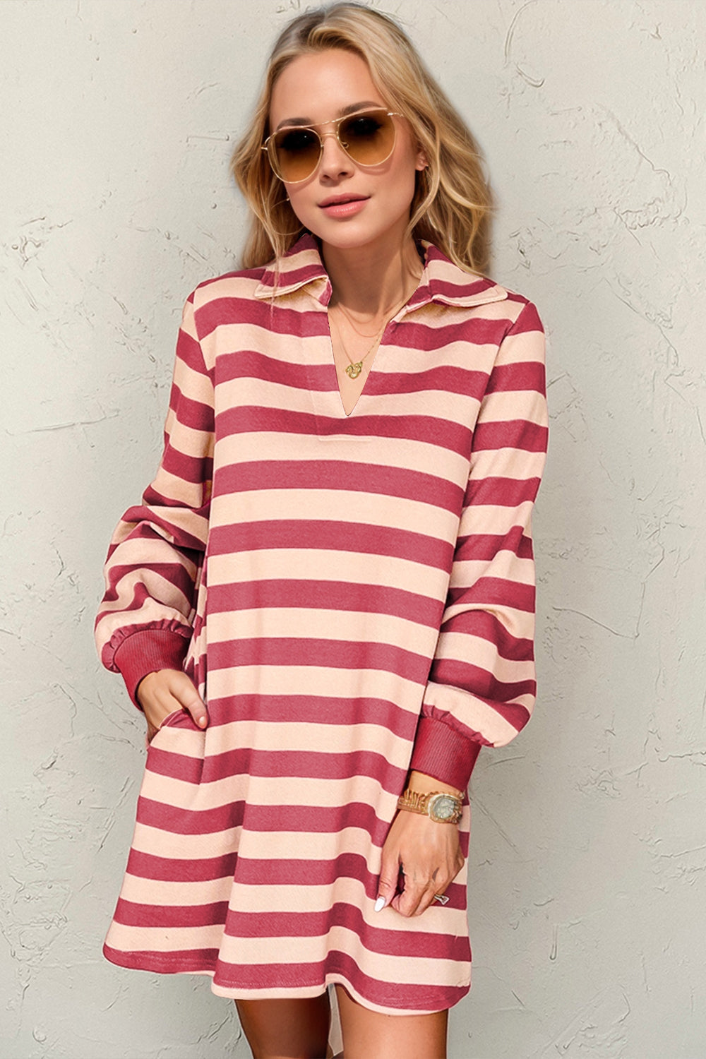Deep Rose Full Size Striped Contrast Collared Neck Long Sleeve Dress Modern & Stylish Women’s Wear by Stevvex