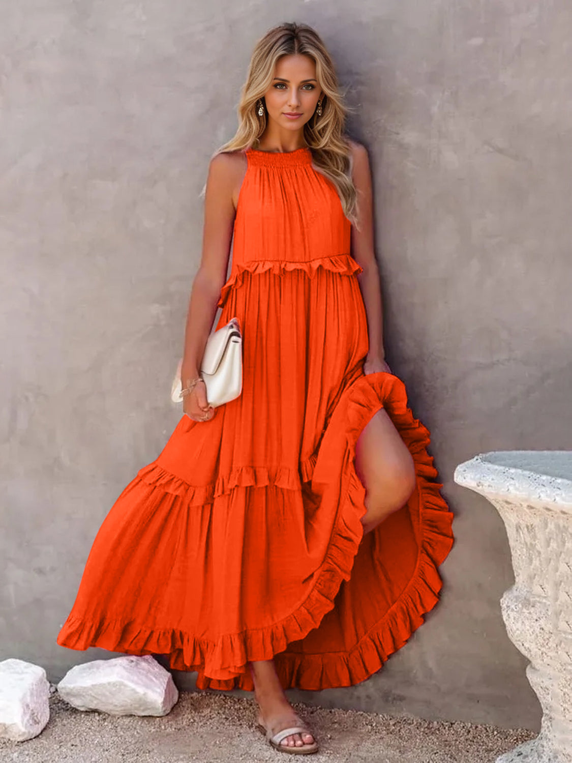 Romantic Ruffled Sleeveless Tiered Maxi Dress with Pockets Elegant & Chic Statement Beautiful Design Dress by Stevvex