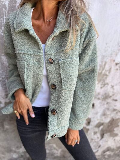 Comfortable Modern Women Full Size Fuzzy Button-Up Jacket with Drop Shoulder and Pockets by Stevvex