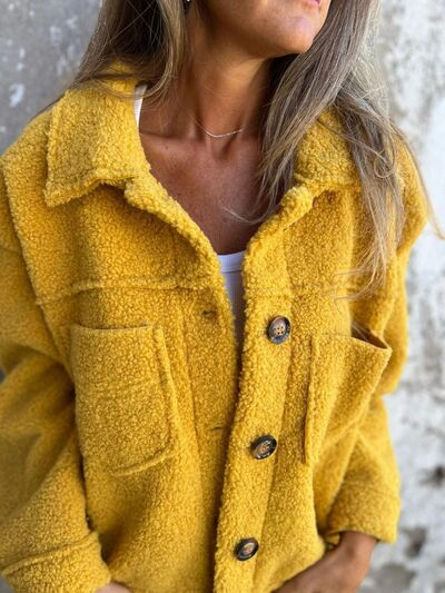 Comfortable Modern Women Full Size Fuzzy Button-Up Jacket with Drop Shoulder and Pockets by Stevvex