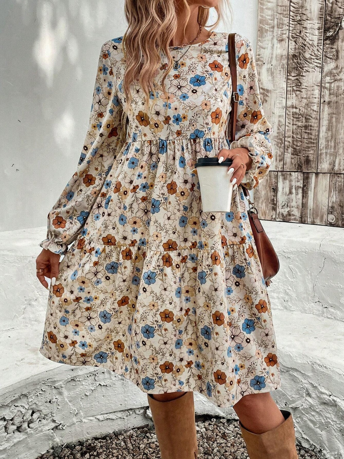 Tiered Floral Round Neck Long Sleeve Dress Elegant Summer Lightweight Breathable Dress by Stevvex