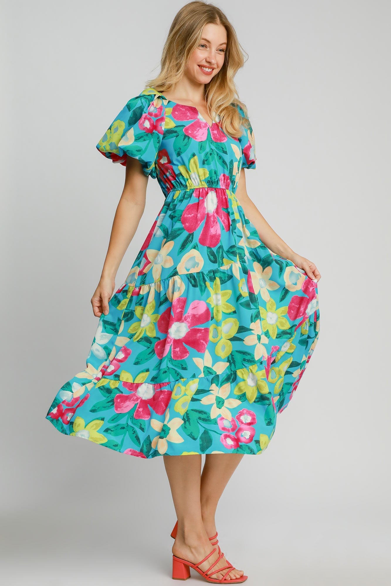 Beautiful Full Size Floral Print Puff Sleeve Midi Dress Plus Size Trendy & Chic Dress Modern Design by Stevvex