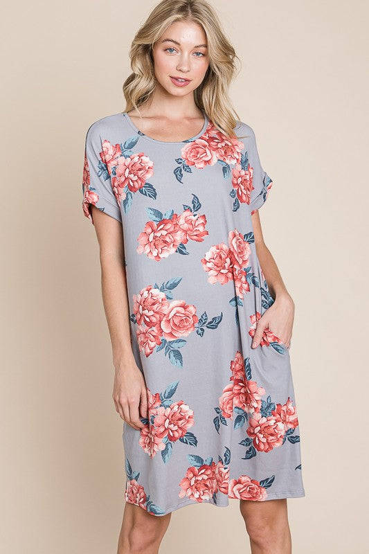 Floral Round Neck Short Tee Dress with Pockets For Women – Comfortable, Casual & Functional for Everyday Wear by Stevvex