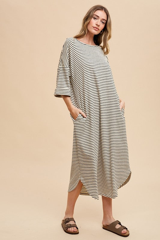 Striped Round Neck Midi Dress Soft & Stylish Classic Design Long Dress by Stevvex