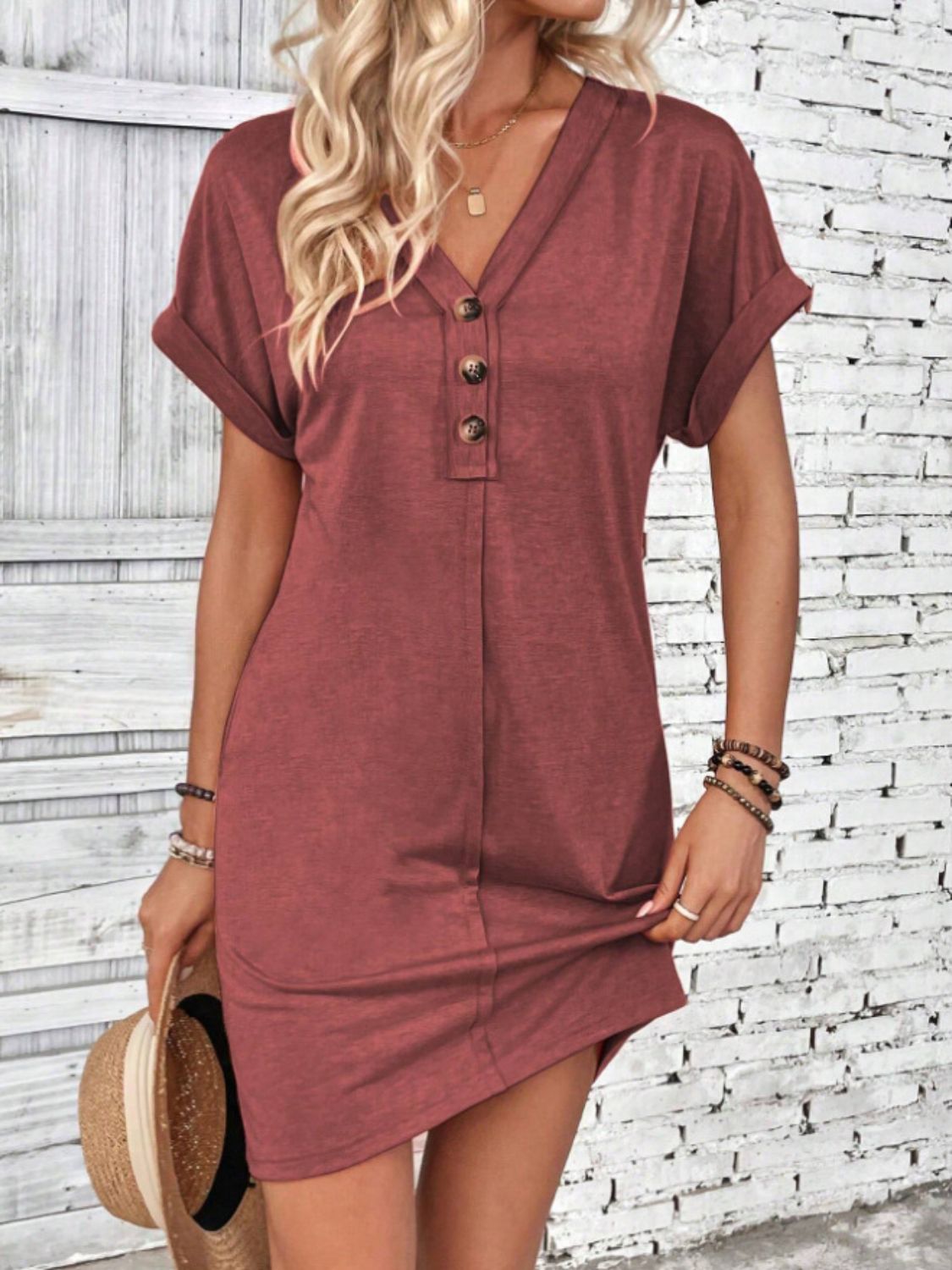 Elegant Button V-Neck Short Sleeve Dress Flattering Casual & Office Wear Simple Dress by Stevvex