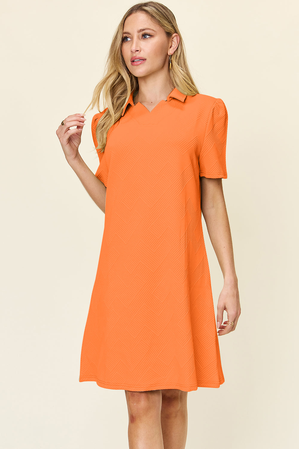 Double Take Full Size Texture Collared Neck Short Sleeve Dress Textured Dress For Women by Stevvex