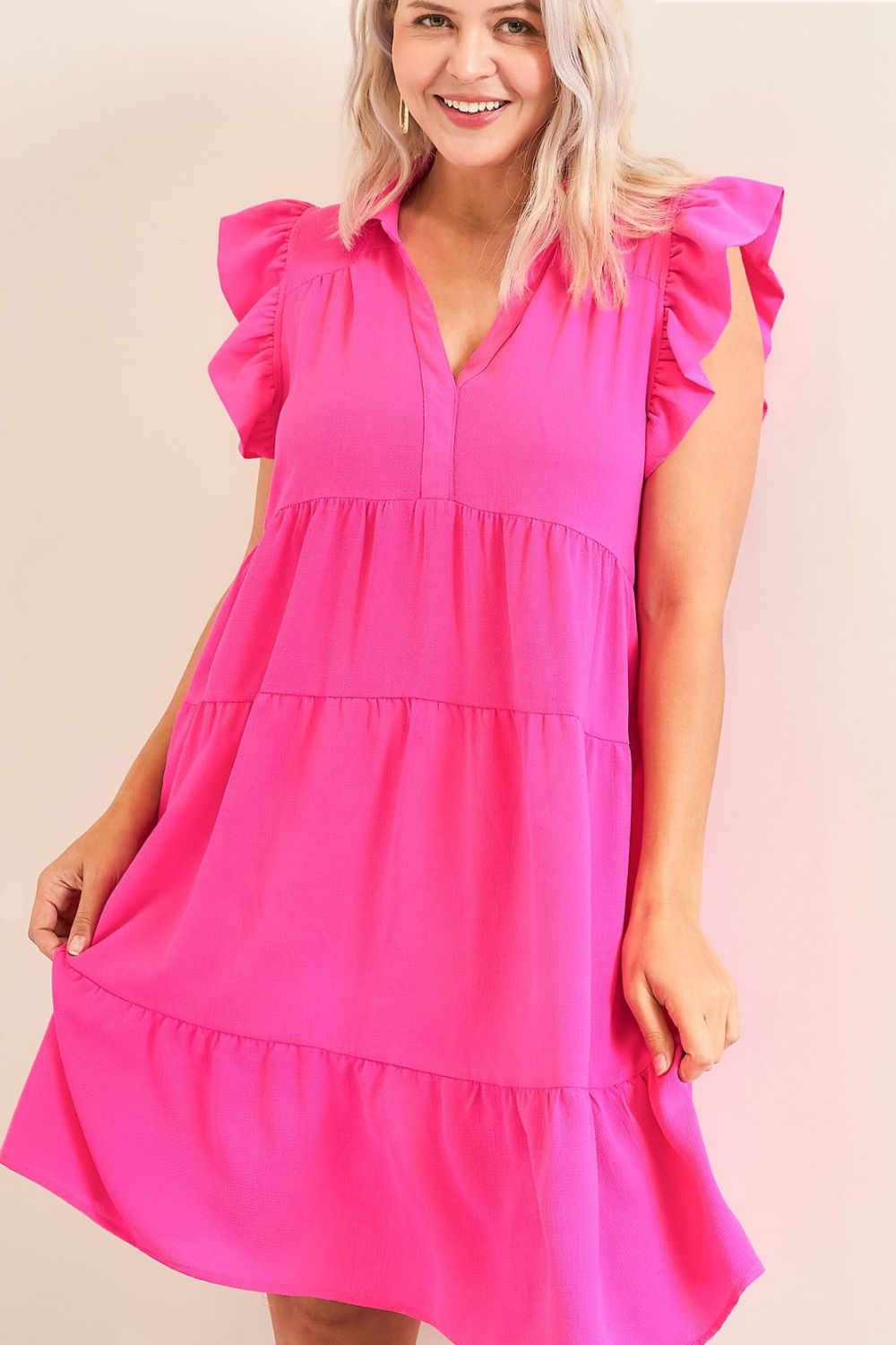 Pink Full Size Ruffle Cap Sleeve Dress Plus Size Elegant & Timeless Classic Design Dress by Stevvex