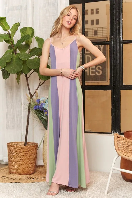 Color Block Sleeveless Maxi Cami Dress For Women – Color Block Dress, Fluttering Sleeveless Maxi Dress, Stylish Cami Dress, Contemporary Maxi Dress, Bold Color Block Dress