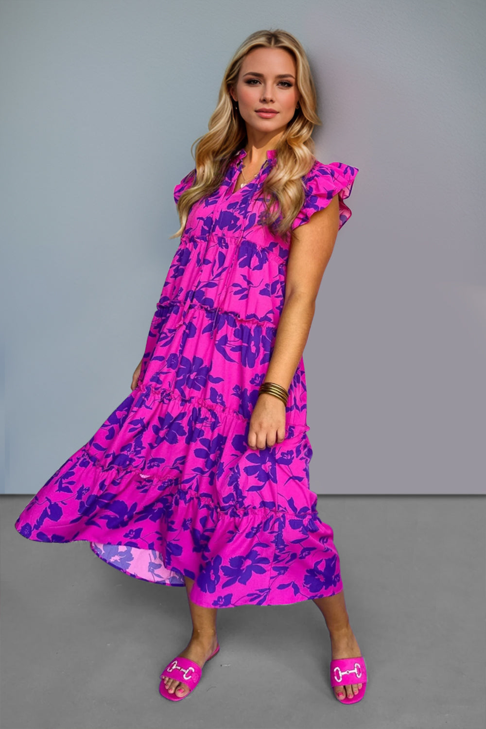 Full Size Ruffled Printed Sleeve Midi Dress Elegant & Beautiful Design Red-Violet Dress by Stevvex