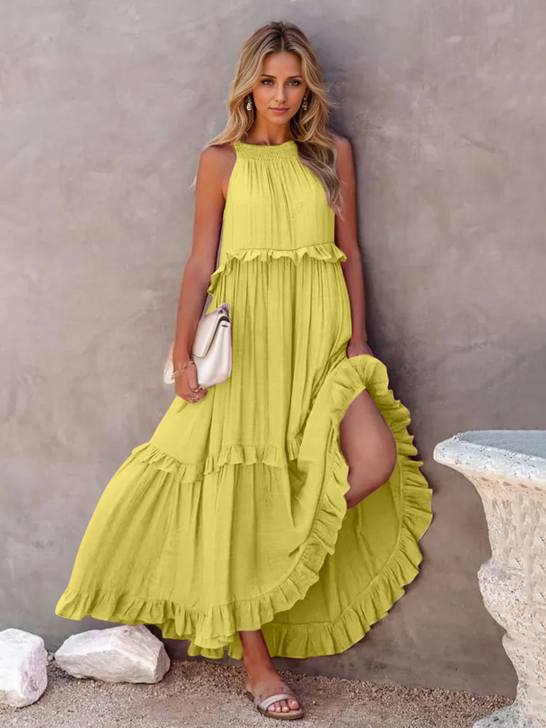 Romantic Ruffled Sleeveless Tiered Maxi Dress with Pockets Elegant & Chic Statement Beautiful Design Dress by Stevvex