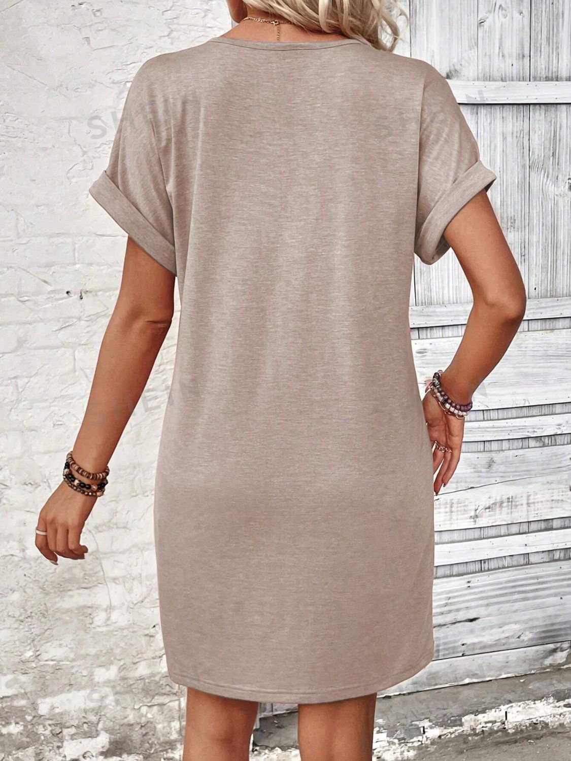 Elegant Button V-Neck Short Sleeve Dress Flattering Casual & Office Wear Simple Dress by Stevvex