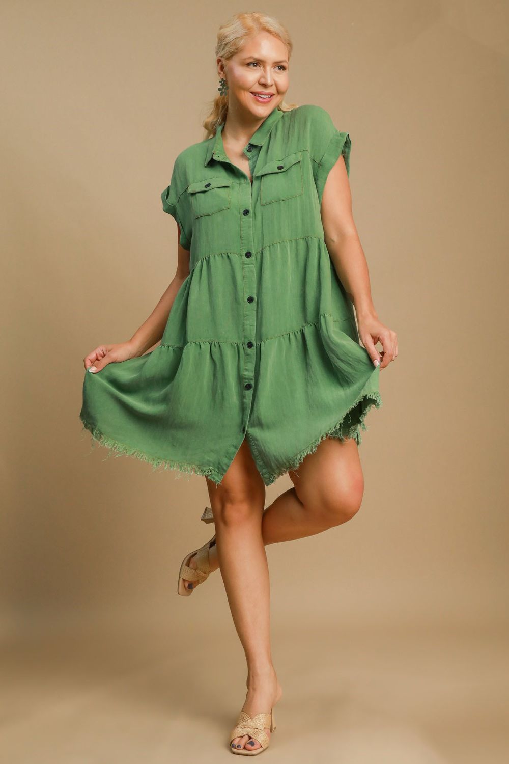 Green Full Size Button-Down Shirt Dress Plus Size Casual & Simple Lightweight Dress by Stevvex