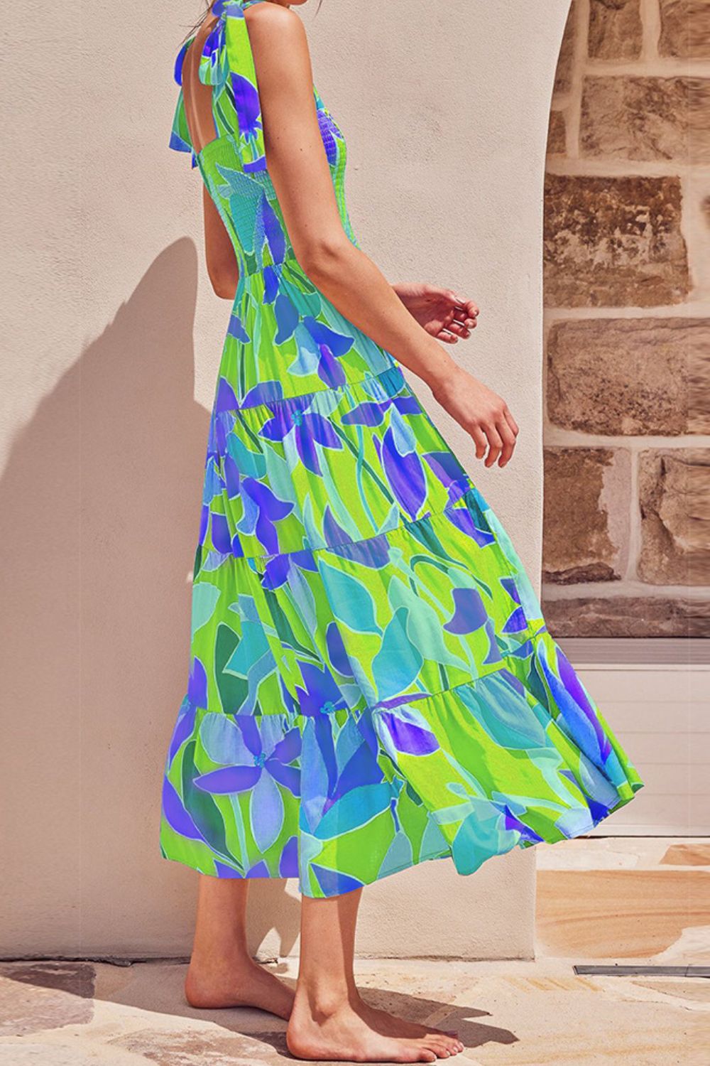 Long Floral Tie-Shoulder Smocked Midi Dress Perfect For Vacation & Summer Days by Stevvex