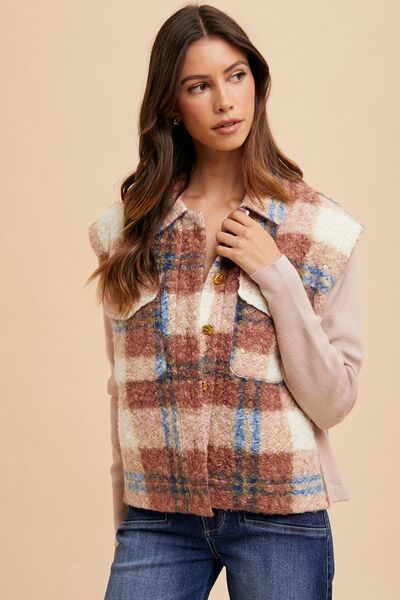 Women Brown Faux Fur Plaid Button-Up Jacket Soft Jacket For Girls Jacket With Closure by Stevvex