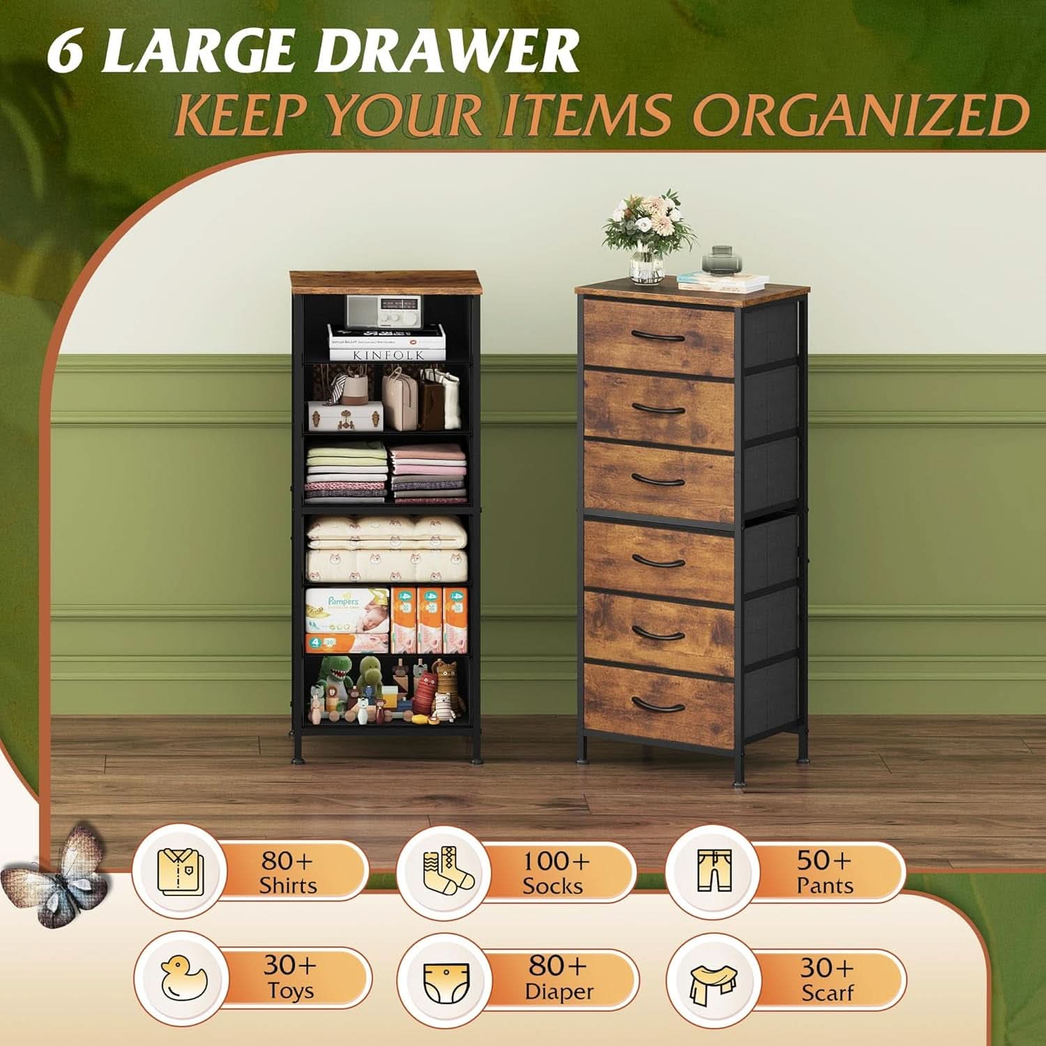 Tall Fabric Dresser with 6 Drawers for Rustic Charm