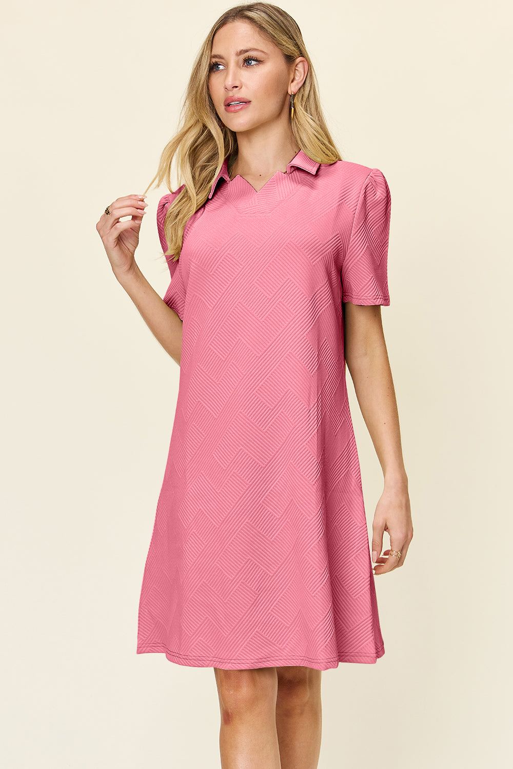 Double Take Full Size Texture Collared Neck Short Sleeve Dress Textured Dress For Women by Stevvex