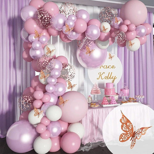 1 Set Pink Purple Chrome Rose Gold Balloon Garland With Butterfly Stickers Arch Kit For Birthday Wedding Party Decorations by Stevvex