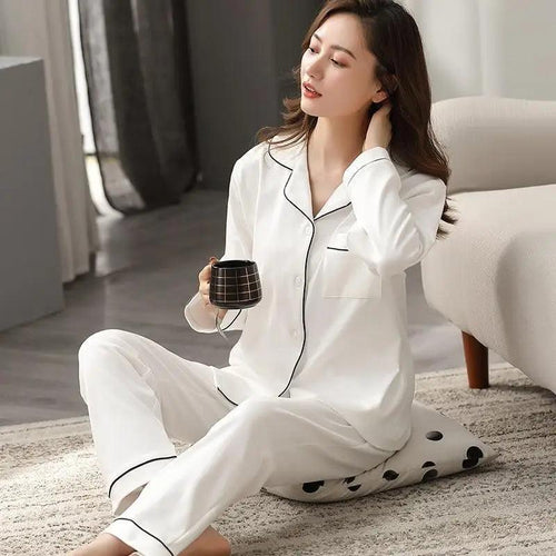 100% Cotton New Trendy Pajamas For Women Full Sleeves Pajamas Button Down Winter Sleepwear Set Women White Cotton Pajamas Women's Loose Size V-neck Home Suit Long Sleeve Wide Leg Pants Pajamas Casual Home wear by Stevvex