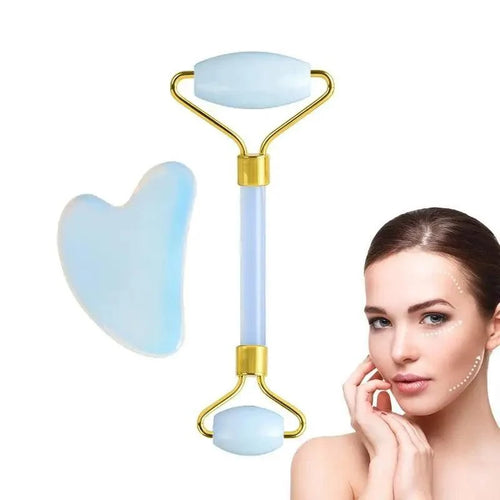 100% Natural Opal Clear Blue Roller Guasha Set - Massage Beauty Tools for Skin Firming Natural Glow and Stress Relief by Stevvex