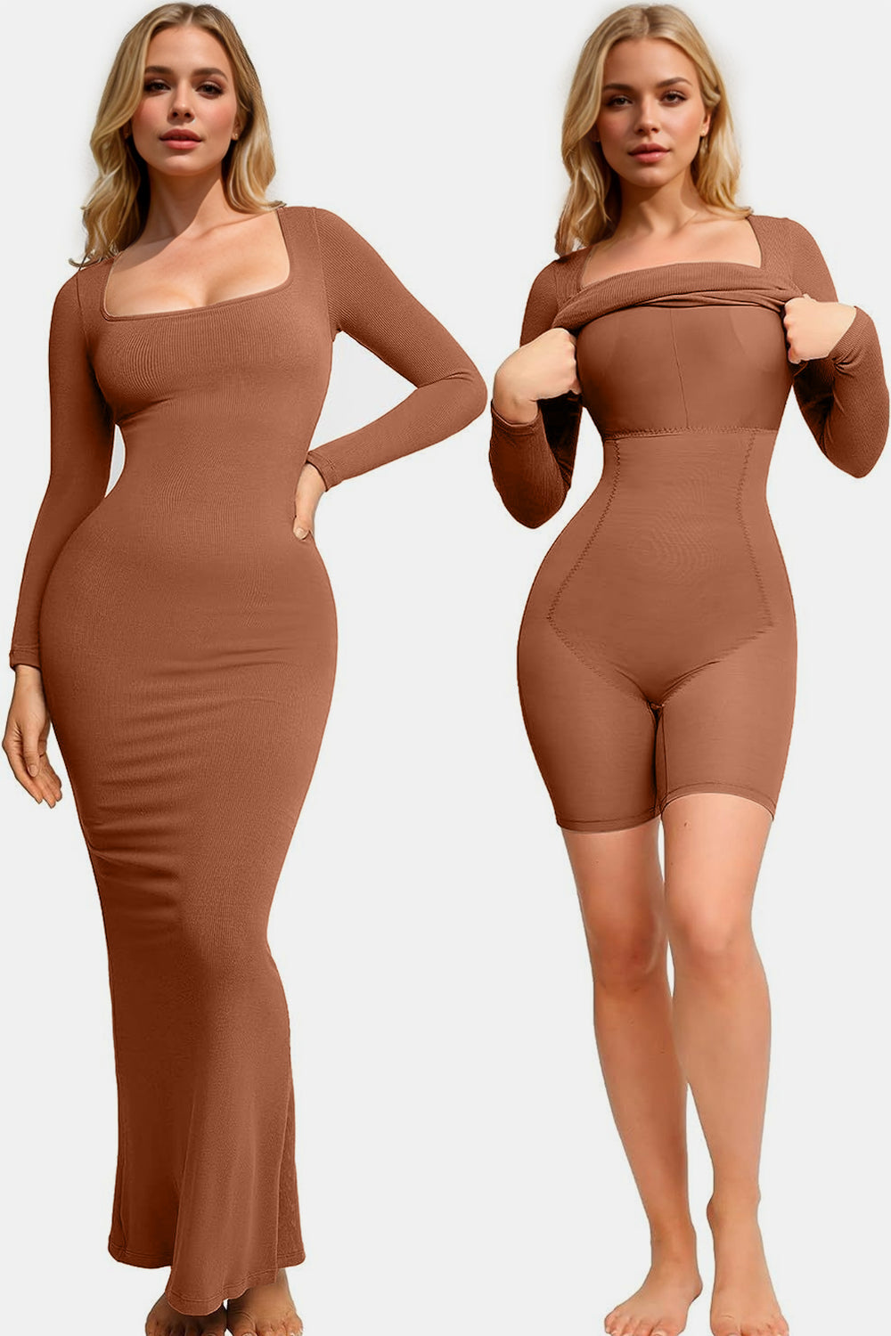 Caramel Built-In Shapewear Dress Square Neck Long Sleeve Maxi Dress Elegant Shapewear Dress For Women by Stevvex