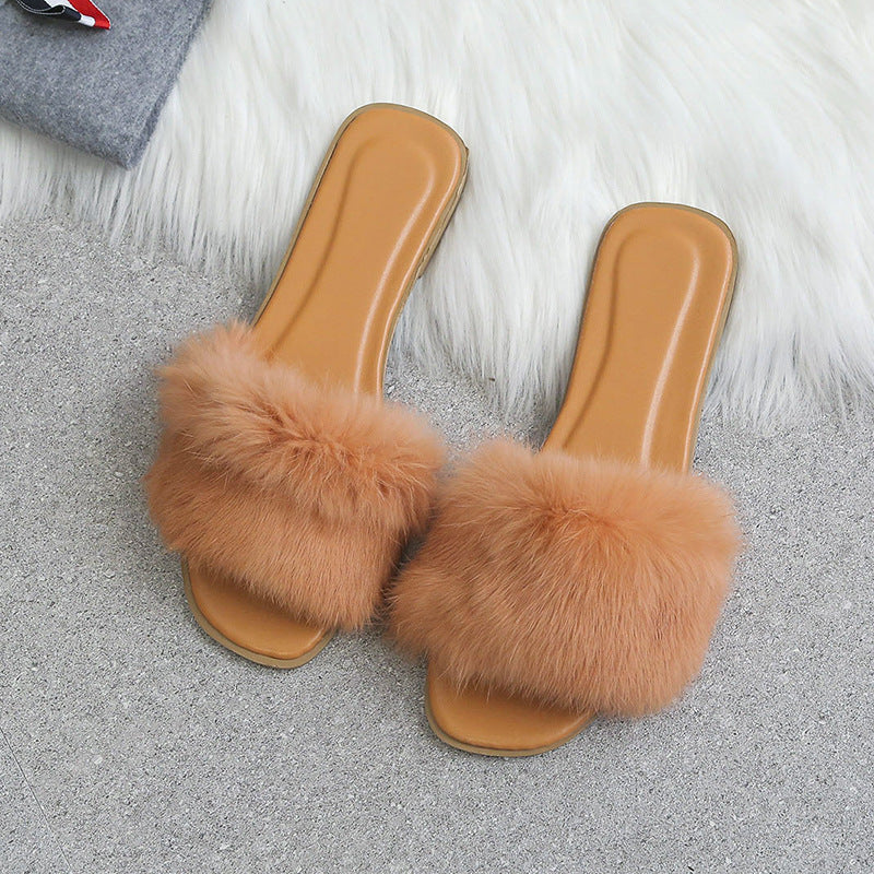 Fashion Fur Flat Women's Slippers Plus Size Spring Summer Fluffy Fur Slippers Shoes Woman Plush Fur Slip On Flip Flop Flat Furry Fur Slides Outdoor Sandals Furry Slides Summer Sandals Open Toe Indoor Outdoor Fluffy Slides
