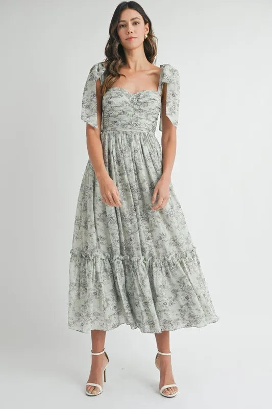Floral Bust Ruched Midi Dress with Shoulder Tie For Women – Ruched Midi Dress For Summer, Floral Bust Dress, Shoulder Tie Dress, Feminine Midi Dress, Chic Event Dress