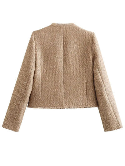 Luxury Camel Raw Hem Pocketed Round Neck Jacket Edgy & Casual Lightweight Outerwear by Stevvex