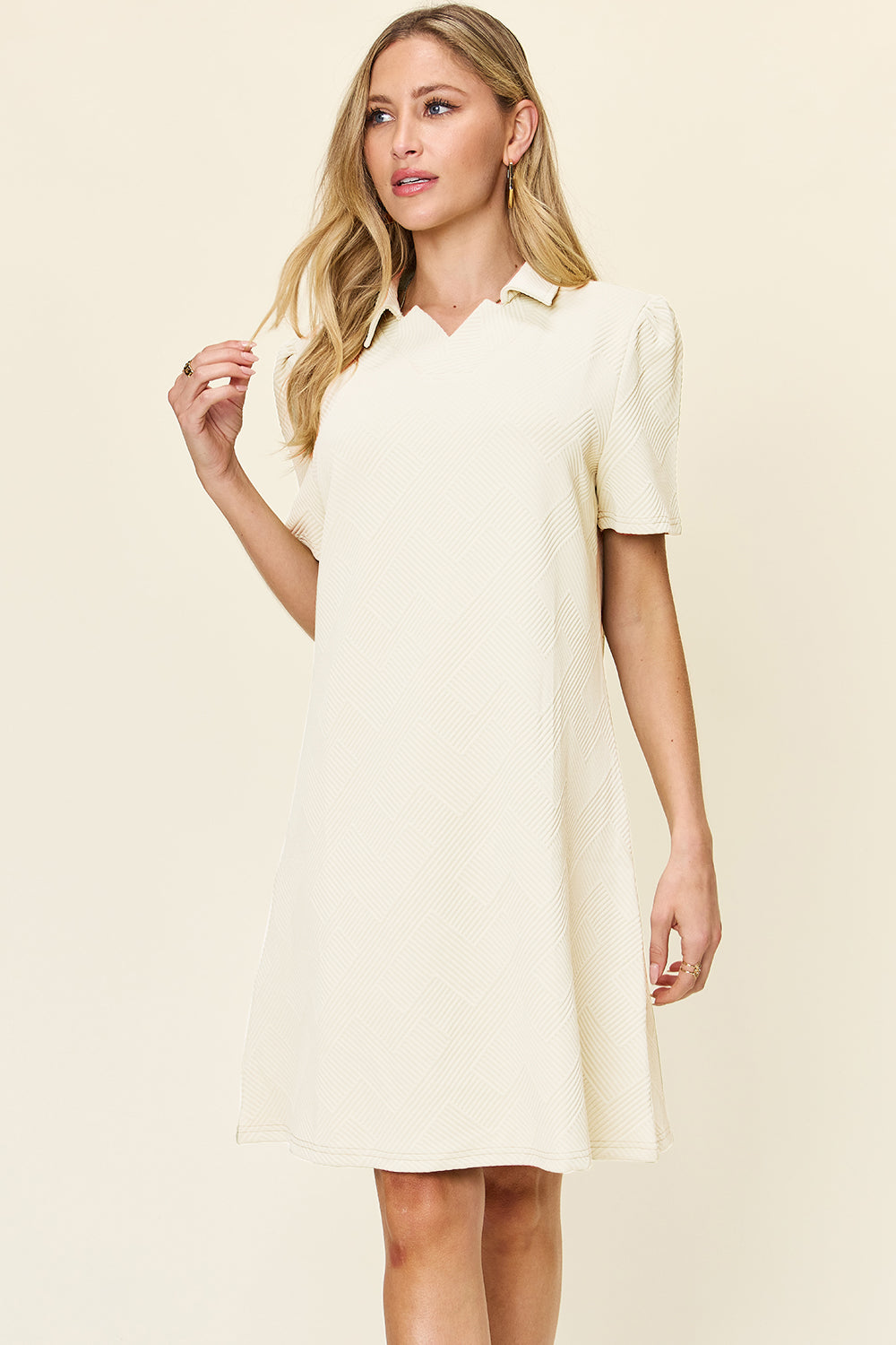 Double Take Full Size Texture Collared Neck Short Sleeve Dress Textured Dress For Women by Stevvex