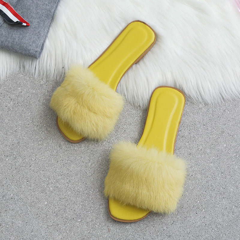 Fashion Fur Flat Women's Slippers Plus Size Spring Summer Fluffy Fur Slippers Shoes Woman Plush Fur Slip On Flip Flop Flat Furry Fur Slides Outdoor Sandals Furry Slides Summer Sandals Open Toe Indoor Outdoor Fluffy Slides