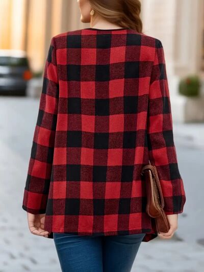 Elegant Plaid Open Front Long Sleeve Jacket Stylish & Cozy Lightweight Breathable Outerwear by Stevvex
