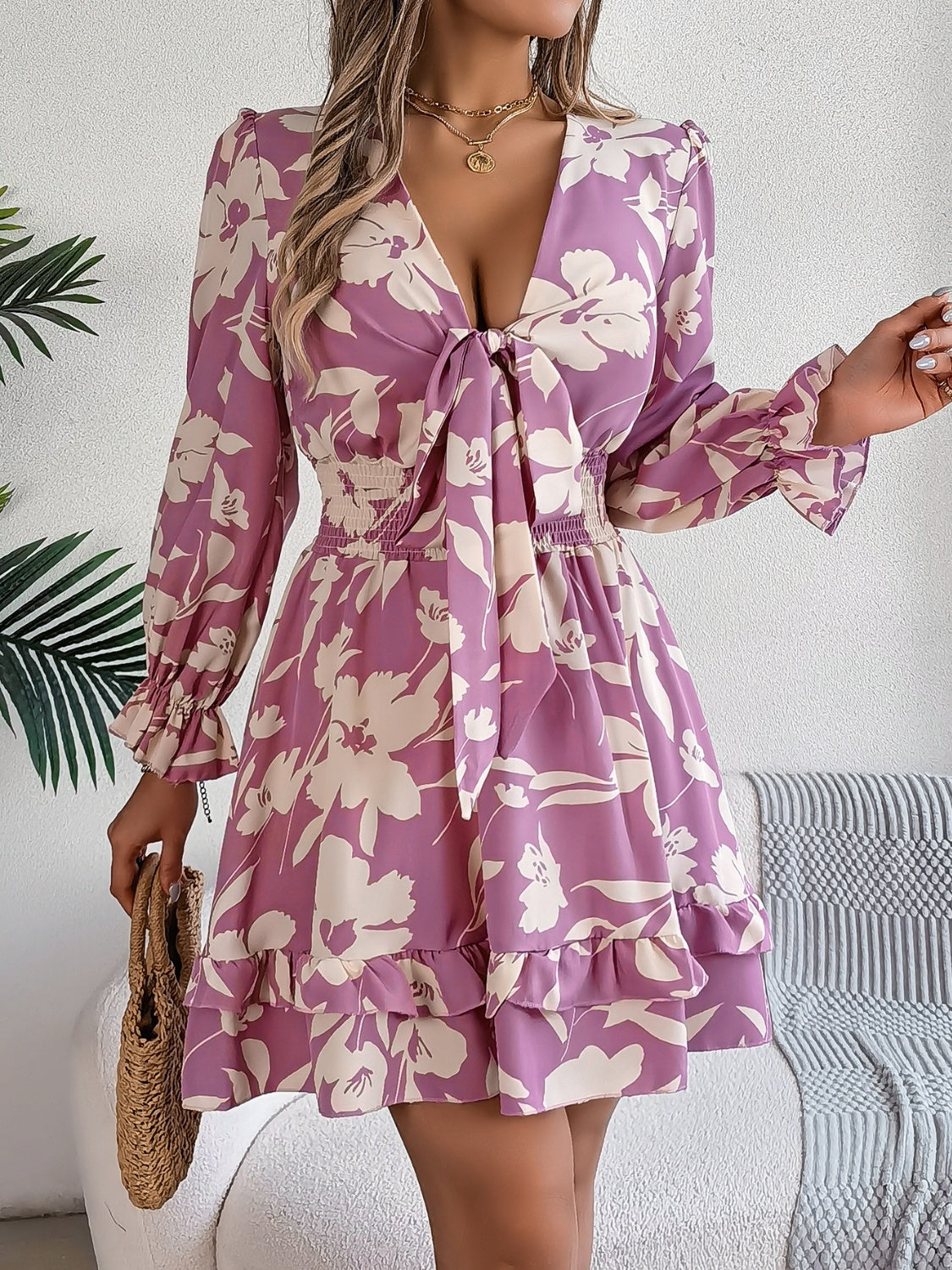 Feminine Lilac Ruffled Printed Long Sleeve Dress Summer Cute Midi Dress by Stevvex