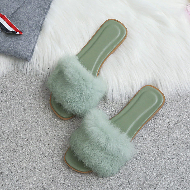 Fashion Fur Flat Women's Slippers Plus Size Spring Summer Fluffy Fur Slippers Shoes Woman Plush Fur Slip On Flip Flop Flat Furry Fur Slides Outdoor Sandals Furry Slides Summer Sandals Open Toe Indoor Outdoor Fluffy Slides