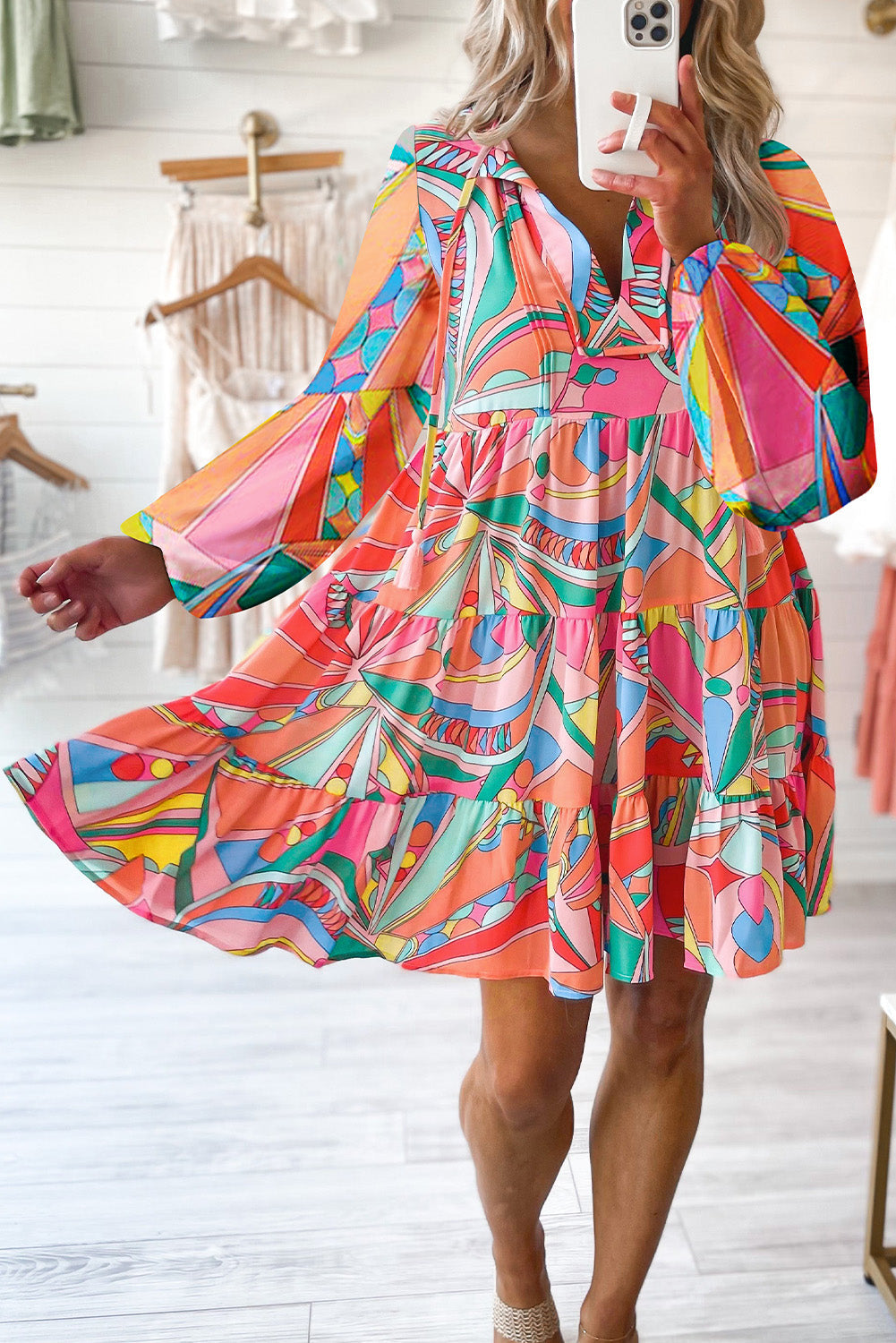 Multicolored Printed Long Sleeve Tie Neck Mini Dress Playful Statement Piece Charming Colored Dress by Stevvex