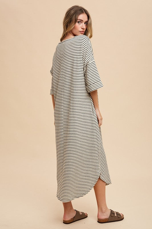 Striped Round Neck Midi Dress Soft & Stylish Classic Design Long Dress by Stevvex