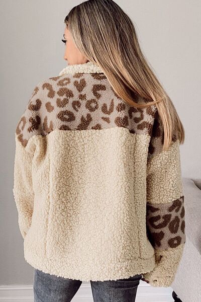 Comfortable Leopard Print Sherpa Jacket with Collared Neck And Functional Pockets Soft Women Jacket by Stevvex