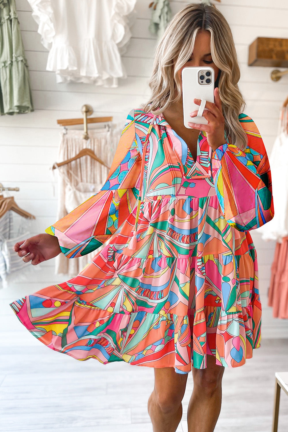 Multicolored Printed Long Sleeve Tie Neck Mini Dress Playful Statement Piece Charming Colored Dress by Stevvex