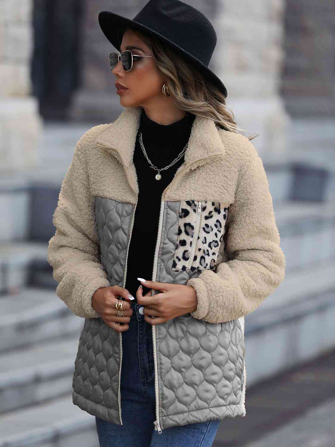 Unique Autumn Leopard Color Block Zip-Up Jacket Trendy Lightweight Jacket with Pockets Charming Winter Jacket by Stevvex