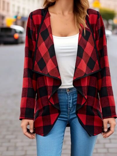 Elegant Plaid Open Front Long Sleeve Jacket Stylish & Cozy Lightweight Breathable Outerwear by Stevvex
