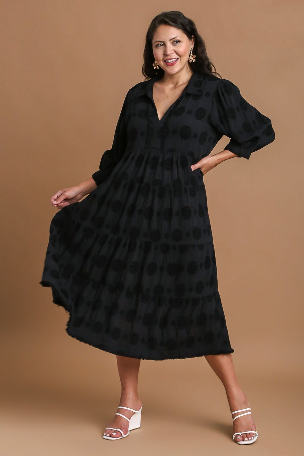 Black Full Size Solid Dotted Midi Dress Elegant Plus Size Fashion Women Dress by Stevvex