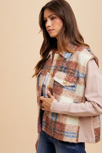 Women Brown Faux Fur Plaid Button-Up Jacket Soft Jacket For Girls Jacket With Closure by Stevvex