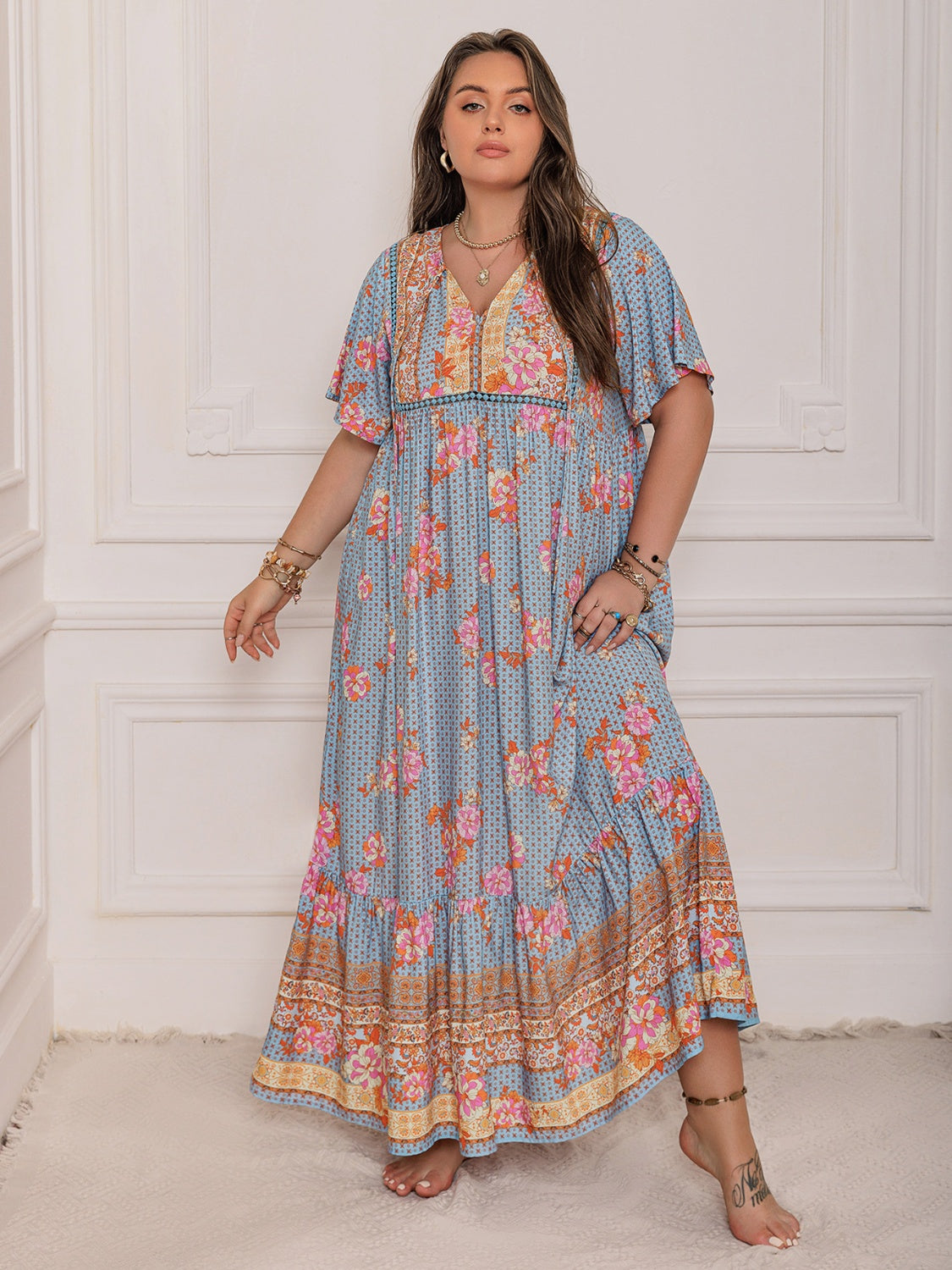 Pink Purple Plus Size Printed Flutter Sleeve Maxi Dress Elegant & Flowy Dress Unique Design by Stevvex