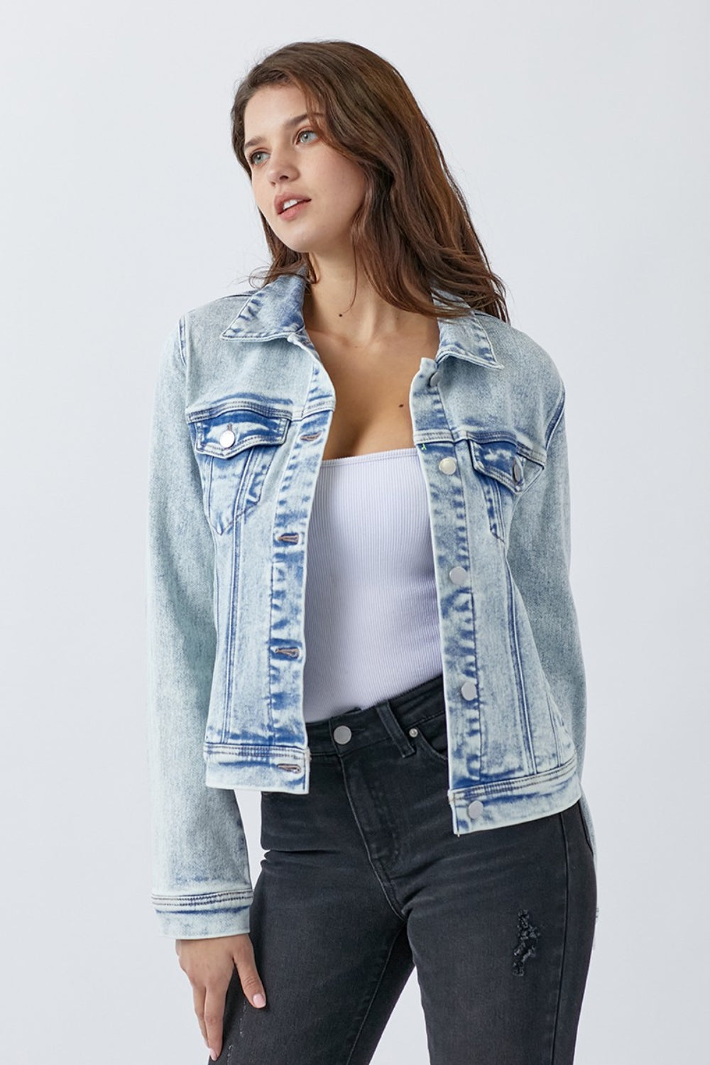 Button Up Washed Jacket Blue Classic Buttoned Jacket With Pocket Detail For Women by Stevvex