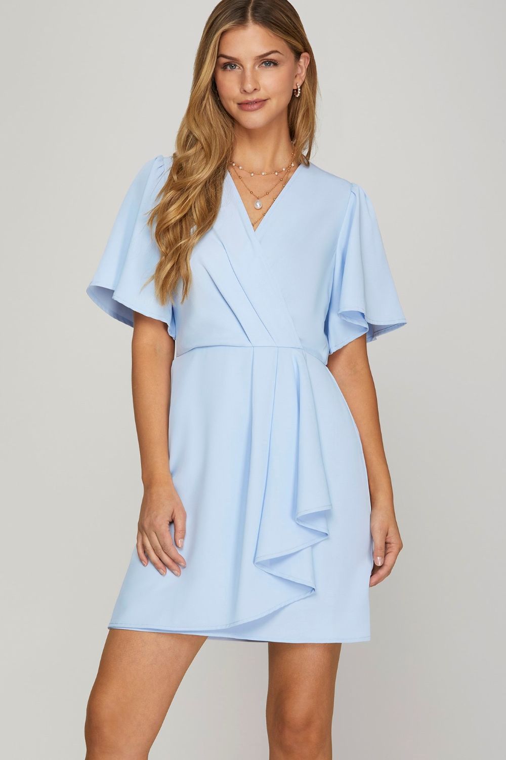 Ruffled Surplice Short Flutter Sleeve Mini Dress For Women – Playful and Feminine Surplice Mini Dress with Flutter Sleeves by Stevvex