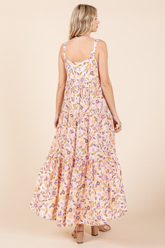 New Summer Flower Print Tiered Sleeveless Empire Maxi Dress – Elegant and Flattering Floral Dress with Empire Waist
