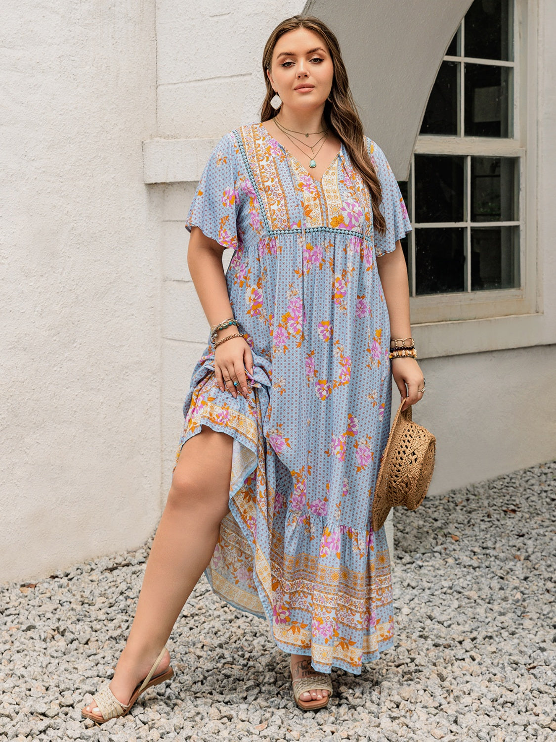 Pink Purple Plus Size Printed Flutter Sleeve Maxi Dress Elegant & Flowy Dress Unique Design by Stevvex