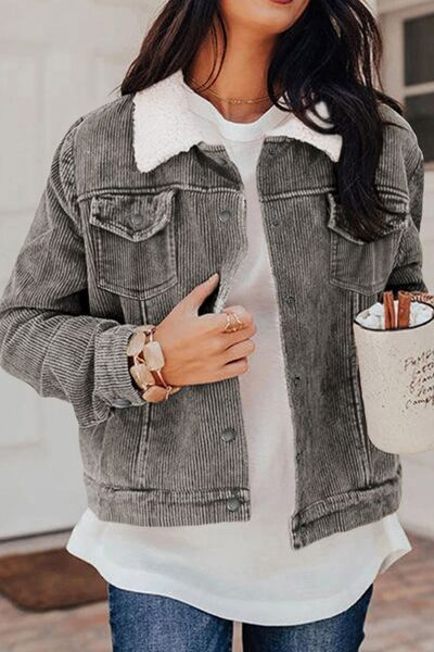 Vintage Women Winter Corduroy Snap Down Jacket With Collared Neck and Plush Lining by Stevvex