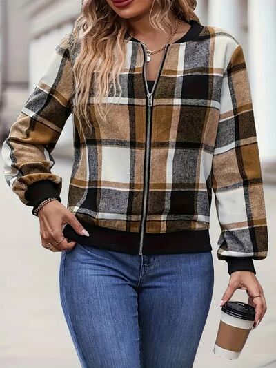 Plus Vintage Size Plaid Baseball Collar Zip-Up Jacket Trendy & Comfortable Outerwear for Any Occasion by Stevvex