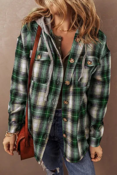 Dark Green Drawstring Pocketed Plaid Hooded Jacket Cozy & Trendy Checkered Outerwear For All Seasons by Stevvex