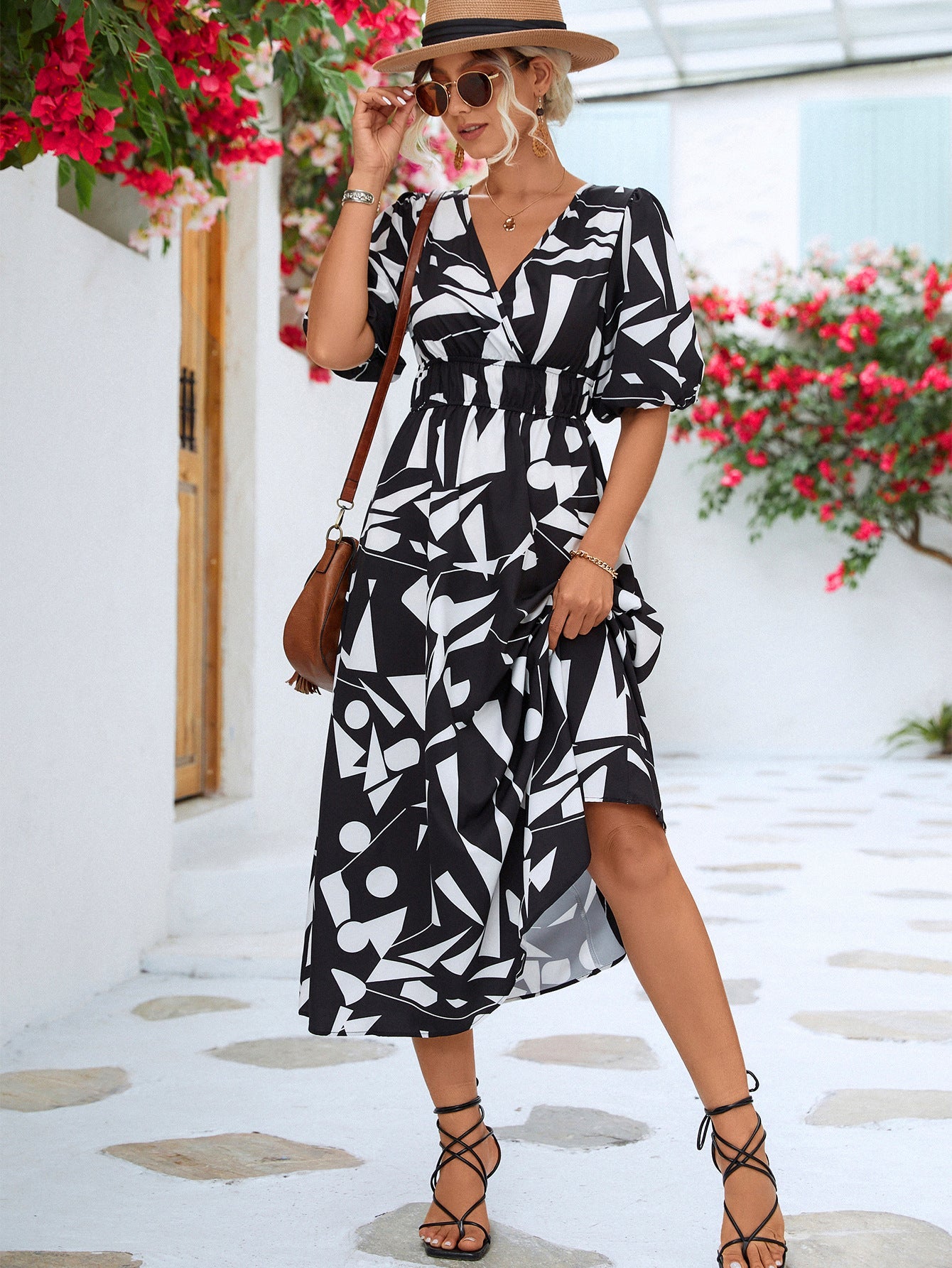 Black White Printed Balloon Sleeve Dress Elegant & Chic Casual Wear For Summer by Stevvex